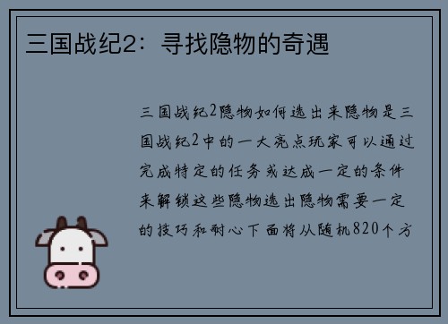 三国战纪2：寻找隐物的奇遇